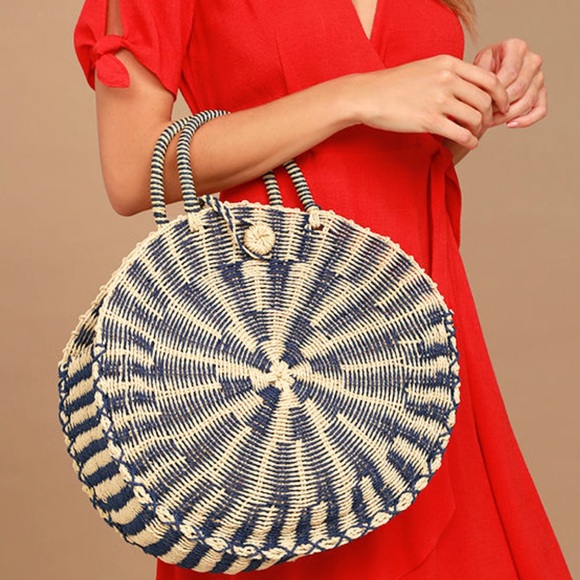 Lulus Handbags - Lulus High Moon Navy Blue and Beige Woven Tote